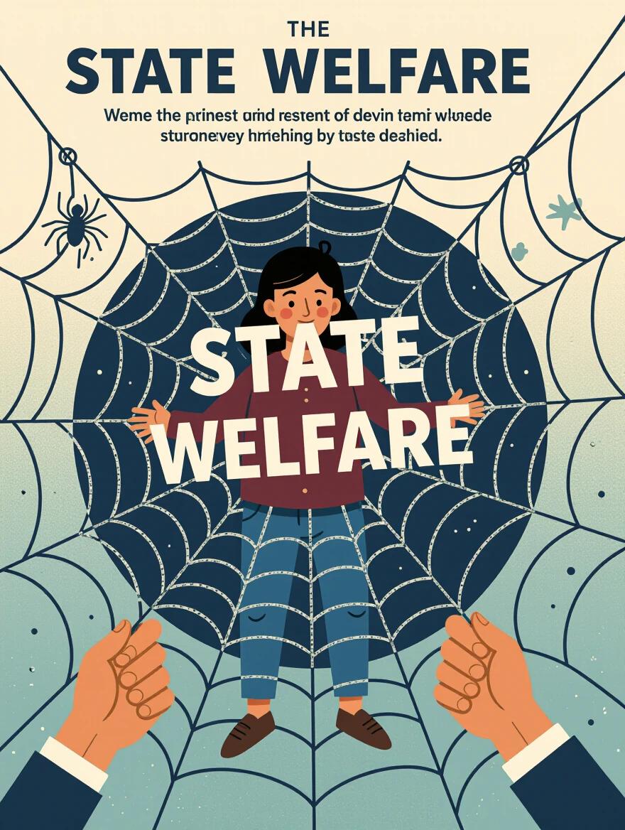 Person stuck in a soft spiderweb labeled 'STATE WELFARE'. The web resembles a comforting safety net but clearly traps the individual. Imagery of government hands subtly holding the web.
