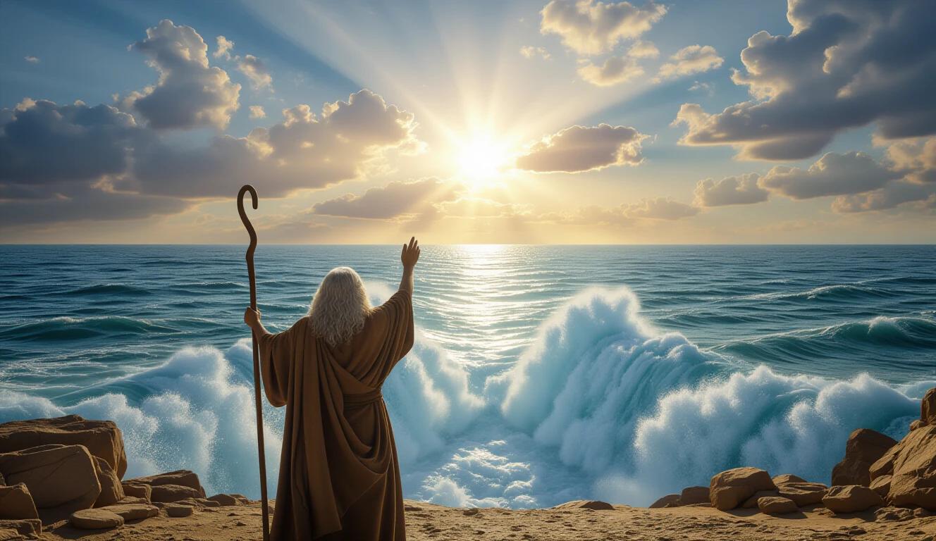 Moses stands with his staff raised. He is seen from behind. The Red Sea parts in front of him. A cinematic sky with clouds is above. Divine light shines from the horizon. It is a hyper-realistic scene with high resolution.