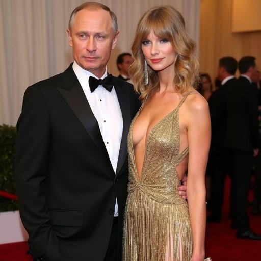 Celebrity couple on red carpet at awards show. Both wear elegant attire. The woman in a striking gold dress. The man in a classic tuxedo. Impressive display of fashion at a high-profile event.