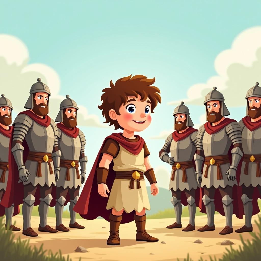 Young boy with brown hair stands in cheerful cartoon style. He wears light brown shepherd clothing from biblical times. His seven adult brothers are in armor, scolding him. They are tall and strong. Background shows a battle field.