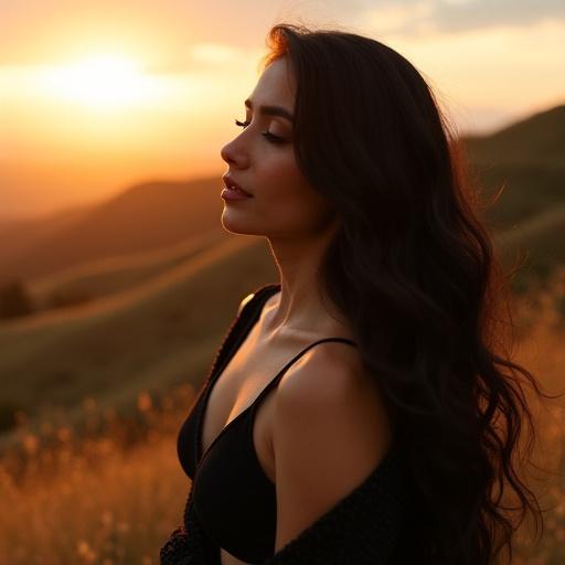 Cinematic close-up of a woman watching sunrise. She has waves in black hair. Warm atmosphere with golden tones. Elegant pose in black tank top and shawl. Nature background with soft lighting. Portrait captures deep emotion and beauty.