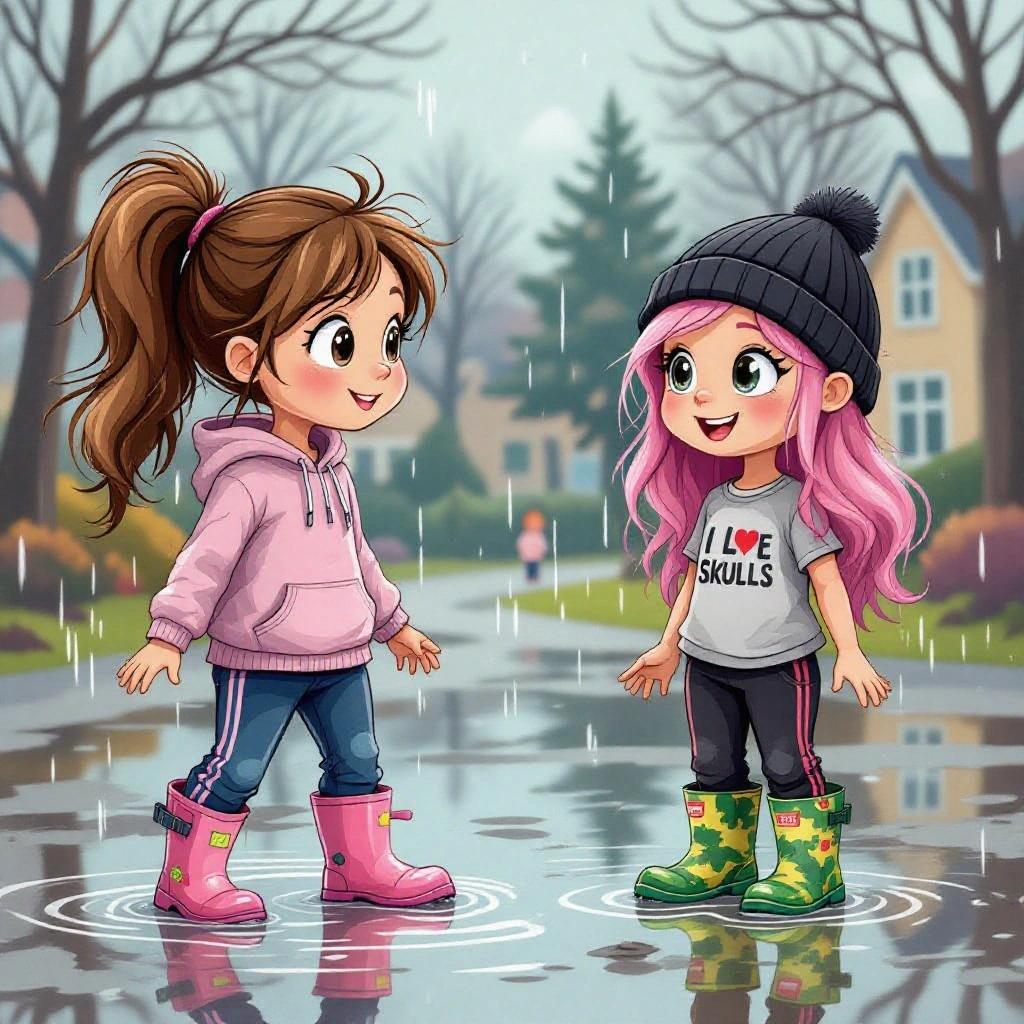 Two cartoon girls play joyfully in the rain. They splash in a large puddle. One girl has long dark blonde hair tied in a ponytail. She wears a pink hoodie and pink wellies. The other girl has pink hair and wears a black beanie. Her shirt says 'I Love Skulls'. Both girls are smiling.
