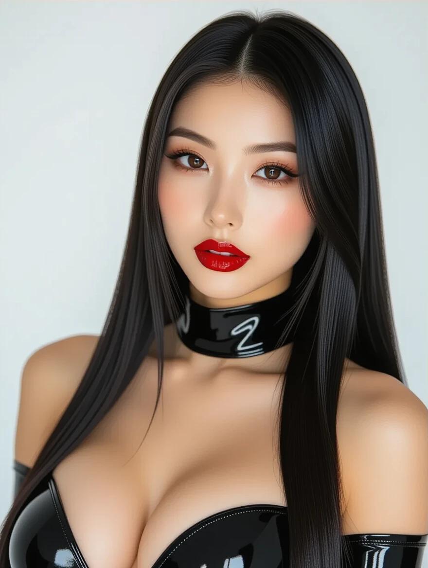 Japanese woman wears a latex superhero outfit. Long straight black hair flows down. Brown eyes accentuated with dark makeup. Fair skin tone contrasts with the shiny black latex. Red lipstick adds color. Bodice highlights the curves and figure.