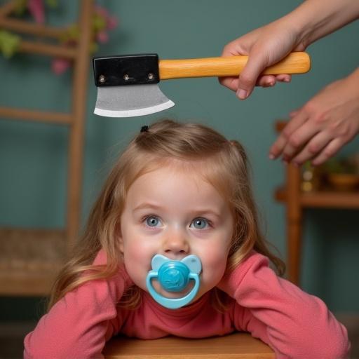 A child lies playfully on a stool with a toy axe above her. Mother lifts the axe pretending to chop. Child has a large pacifier in her mouth. The scene feels playful and fun.