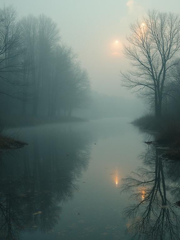 Mist envelops a reflective water body. Tall trees frame the scene. Soft light filters through fog. A tranquil atmosphere prevails. Surreal yet familiar experience evokes wonder.