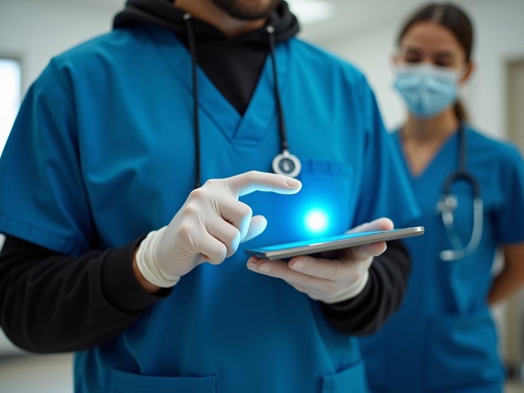 A medical professional in blue scrubs and gloves uses a digital tablet, with a stethoscope draped over the shoulders, focusing on the device.