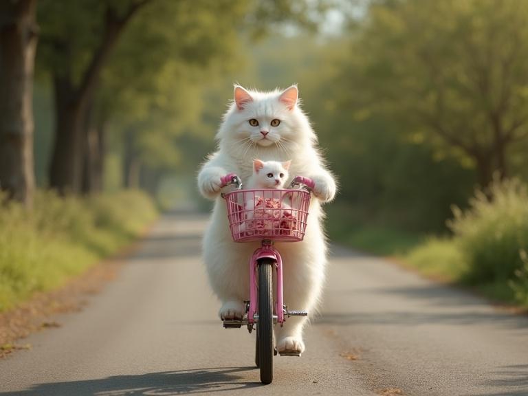 A fluffy white mother cat rides a pink bicycle on a quiet country road. Two white kittens sit in the front basket and look around. A raw meat piece rests in a side basket. Lush trees and bushes line the sunny road. Soft lighting enhances the lifelike details of fur and bike.