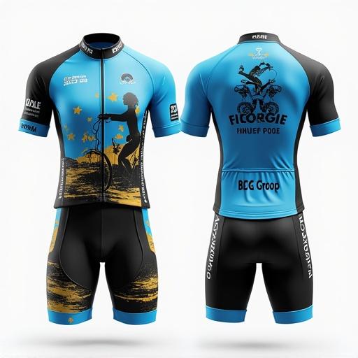 Professional image of cycling kit with jersey and shorts. Features vibrant blue, black, white, and gold colors. Back displays outline of cyclist. Rider's name on left breast. BCG Group on back. Group focuses on cycling, culture, and food.