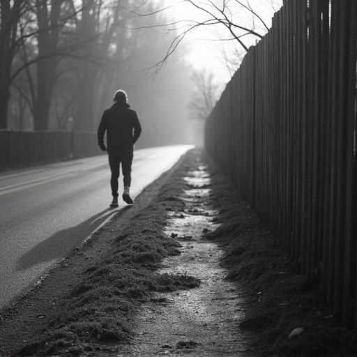 Image depicts a person walking on a road beside a fence. The scene is set in black and white with a soft, diffused light. The person is a silhouette and is small in relation to the surrounding environment.