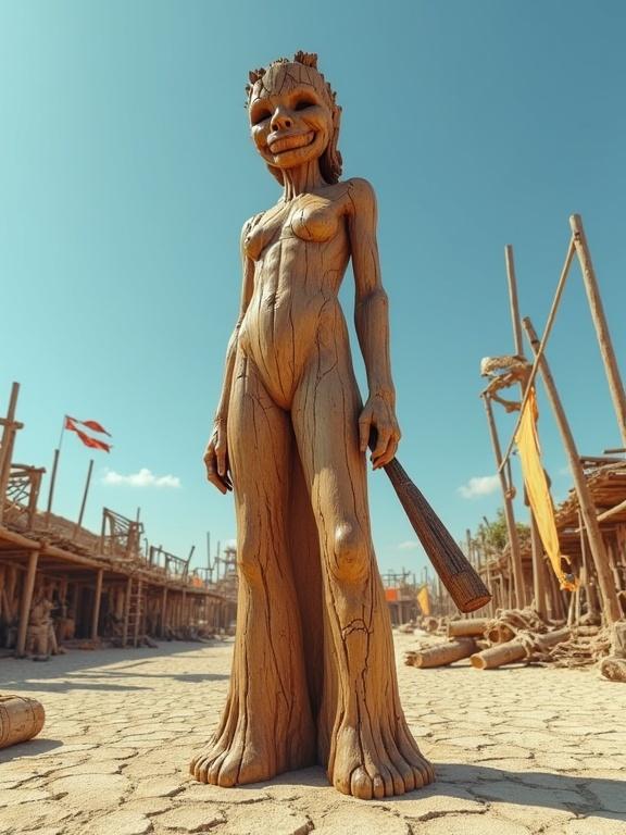 A hyper-realistic surreal 3D render of a curvy woman made of aged timber. Standing in a desolate post-apocalyptic landscape. Wood is splintered and cracked. Head is a log with tree rings. Features are warped and worn with a large smile. Surface is dry and flaking. Holding a fractured bat. Posture conveys burden. Surroundings show skeletal remains of a market with collapsed stages and torn flags. Bright blue sky with stark shadows. Atmosphere is heavy and haunting with echoes of past joy.