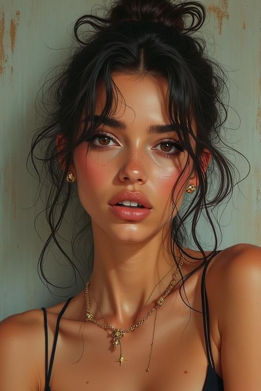 A portrait of a woman with soft features. She has a warm, glowing complexion. Thick wavy hair loosely styled. Subtle makeup accentuating her natural beauty. Subject wears delicate gold jewelry. Background has muted, earthy tones. Emphasizes her expressive eyes.