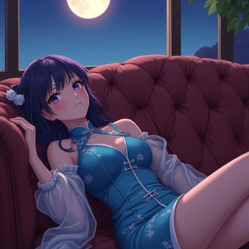 Anime woman lies on a plush sofa in a coffee shop. Dark purple hair flowing over shoulders. Sleeveless blue dress with white floral patterns. One arm bends supporting head. Soft waves in a natural texture. Window shows a full moon. Warm lighting enhances the scene.