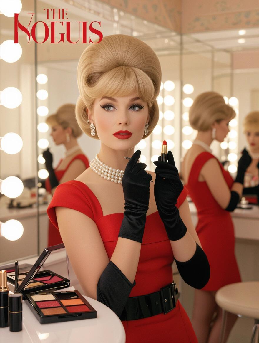 Stunning portrait of a 1960s woman with a voluminous platinum blonde beehive hairstyle. Adorned with a delicate pearl necklace and diamond earrings. Wearing a classic little red dress with black gloves. Holding lipstick between her fingers while fixing her makeup. Elegant powder room with soft lighting and decor. Glamorous atmosphere reminiscent of mid-century sophistication.