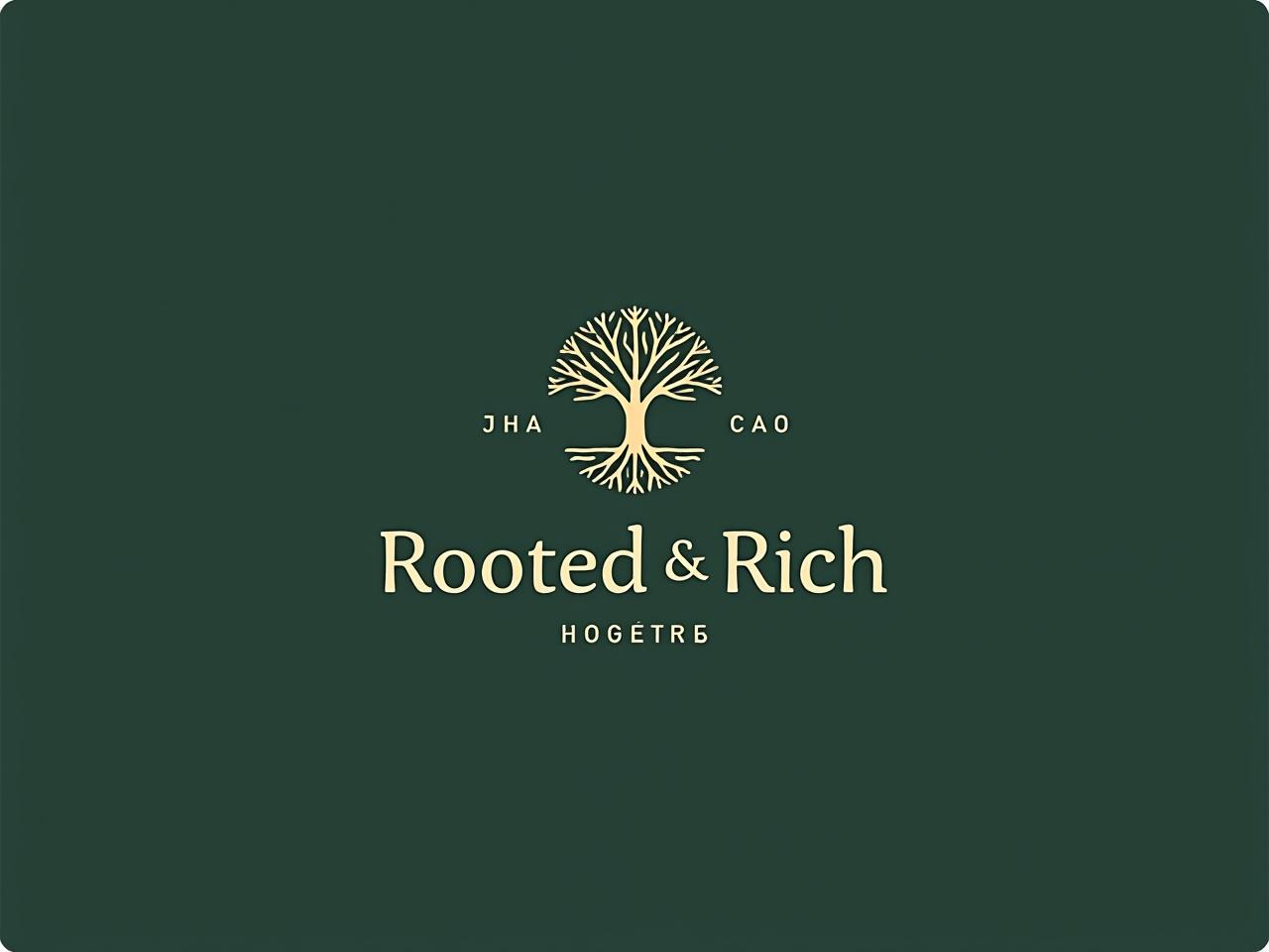 Update the logo design for 'Rooted and Rich' by removing all text surrounding the tree symbol. Focus on enhancing the details of the tree and its roots, while keeping the central text clear and prominent. Ensure that the text is evenly spaced and cohesively blended with the overall design. Below the word 'Rich,' integrate the numbers '1226' using a sleek, modern font that harmonizes with the aesthetic. Preserve the existing color scheme of deep greens and golds to maintain a polished and professional appearance, ensuring everything remains visually balanced.