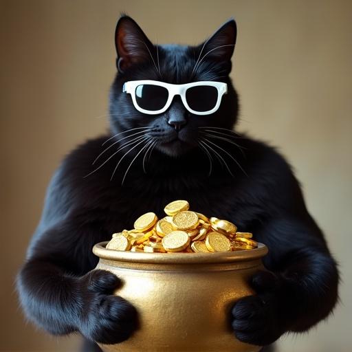 Meme coin theme with a black cat. Cat has a muscular build and wears white sunglasses. Cat holds a large pot filled with gold coins.