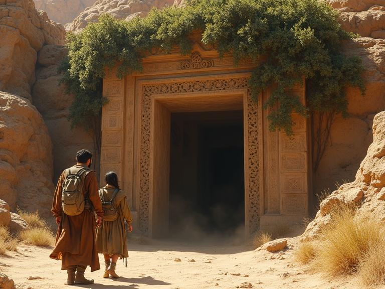 Adventurers discovering ancient tomb entrance in desert. Large stone door with carvings. Overgrown vines. Cinematic style. Two figures approaching the entrance.