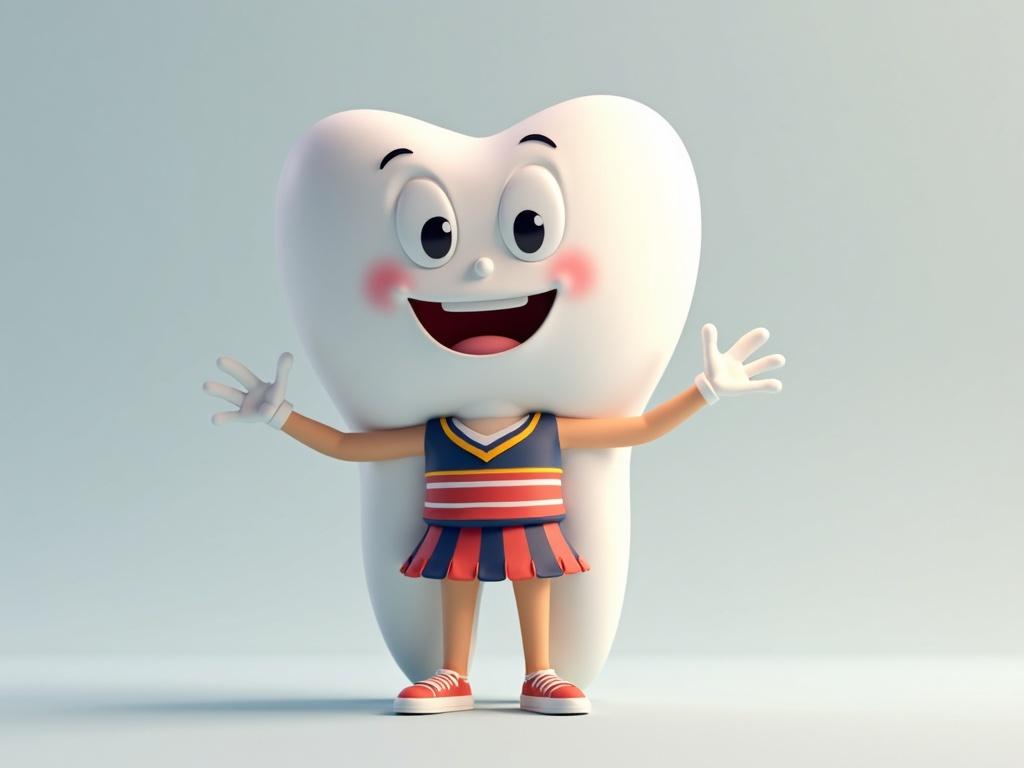 3D animated tooth character dressed as a cheerleader. Cheerleader outfit with colors red and blue. Smiling and cheerful expression. Suitable for kids. Text below the character reads 'You can't handle the Tooth'.