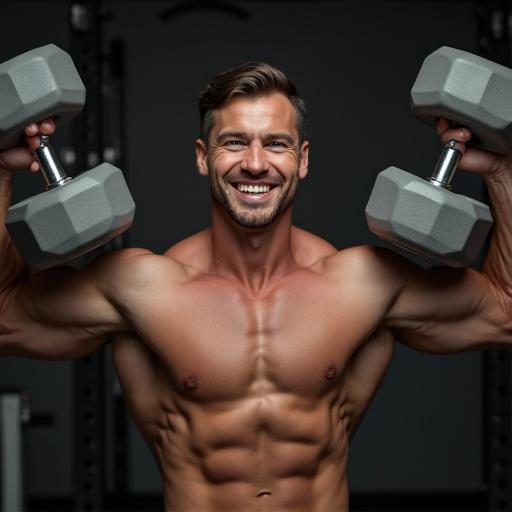 A muscular man lifts heavy dumbbells with ease. He looks at the camera with a smirk, showcasing strength.