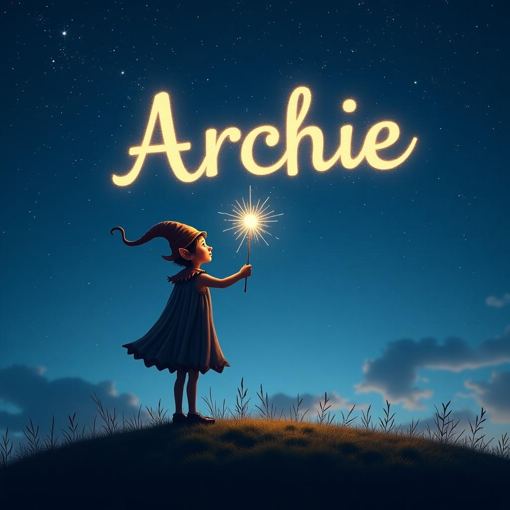 The image depicts a whimsical scene with an elf-like figure on a hill beneath a starry sky. This enchanting character is gracefully writing the name 'Archie' in glowing light overhead. The landscape is soft and illuminated in twilight hues, enhancing the magical atmosphere. Holding a sparkling wand, the elf adds to the sense of wonder and creativity. The overall setting evokes feelings of joy and inspiration. The night sky acts as a stunning backdrop, completing the fantastical feel of the scene.