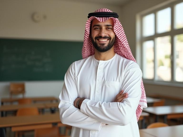 Omani male teacher aged 55 wears traditional white dishdasha and patterned turban. Teacher stands confidently in modern classroom filled with natural light from large windows. Hyper-realistic scene.