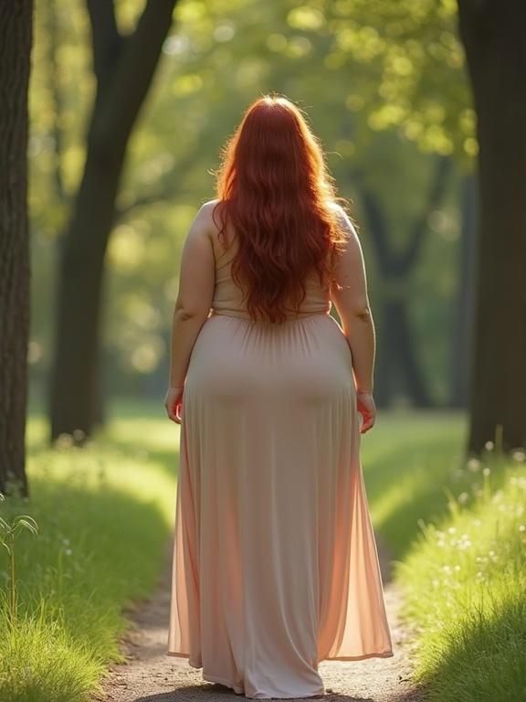 Woman with red hair in a light weight maxi dress walks in a park. View from behind shows sultry pose and beautiful hourglass figure. Image appears pixelated and low-resolution with bright colors.