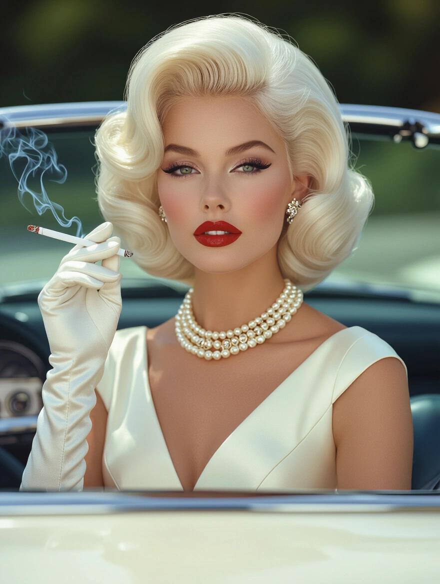 Stunning portrait from the 1960s featuring a woman with voluminous platinum blonde hair. She wears a delicate pearl necklace and diamond earrings, dressed in an ivory sun dress. A cigarette is held while driving a car. Flawless makeup with winged eyeliner and ruby red lips. Accessories include white gloves and high heels. Styled to resemble Slim Aarons photographs.