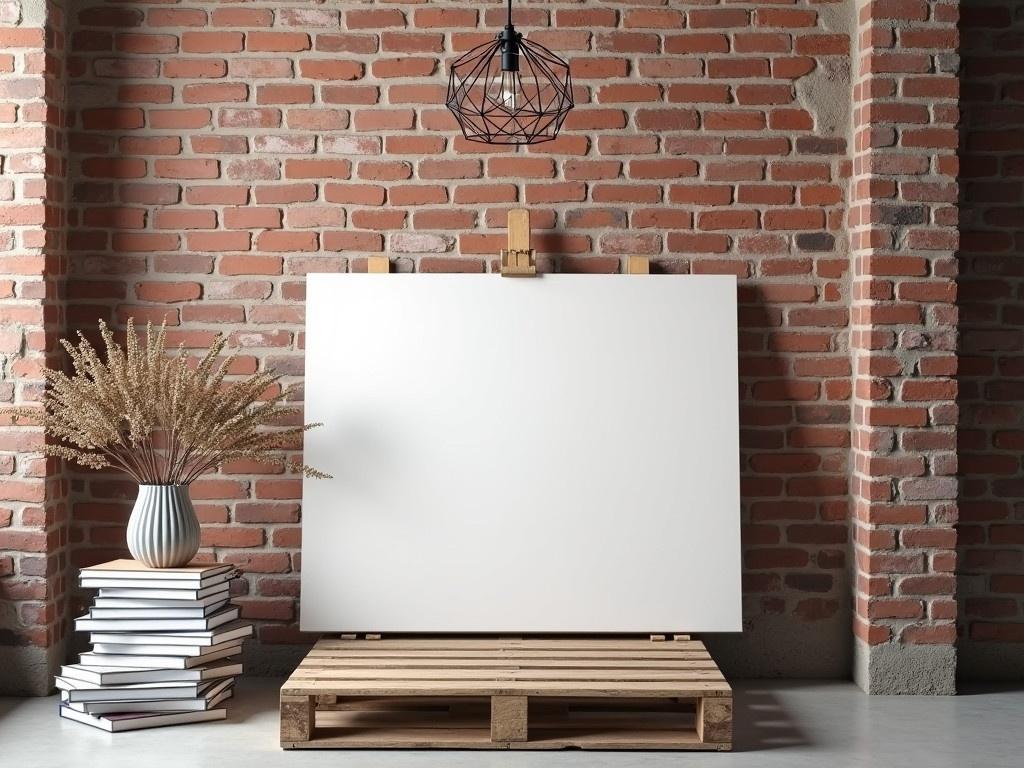 This image features a modern art studio setup in an industrial space. The walls are made of exposed red brick, providing a rustic backdrop. At the center, there is a large blank canvas on an easel, waiting for an artist’s inspiration. To the side, there are several stacked books and a small vase with dried twigs, adding a touch of nature to the scene. A wooden pallet serves as both a table and a base for the canvas, adding to the minimalist aesthetic. A simple geometric pendant light hangs above, illuminating the workspace without overwhelming it.