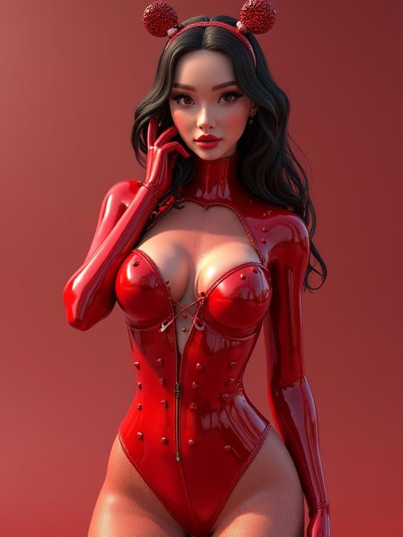 3D rendering of a model in a V-shaped red latex suit. Detailed depiction with glossy finish. Dressed with playful accessory on head. Focus on fashion and fantasy elements