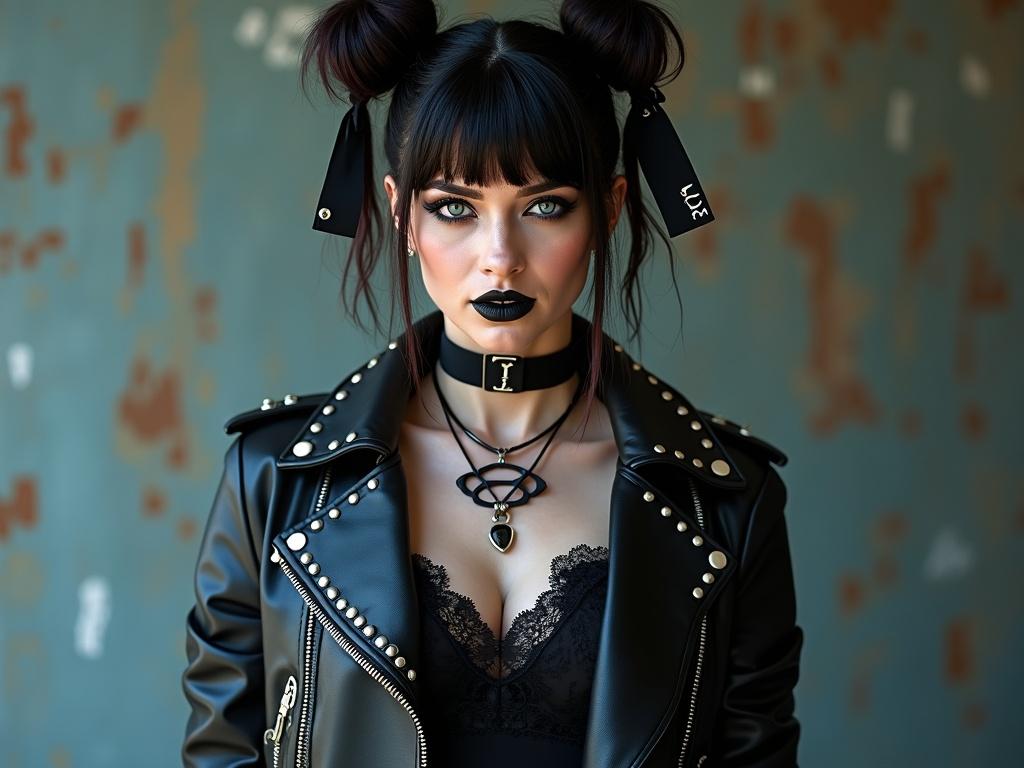 Strikingly beautiful eastern european goth punk woman. Age around 21-22. Blue eyes with dark makeup. Colorful hair tied in two buns with black ribbons. Standing in front of an alley. Wears black leather studded biker jacket and knee-high lace dress. Has punk goth rings on manicured hands.