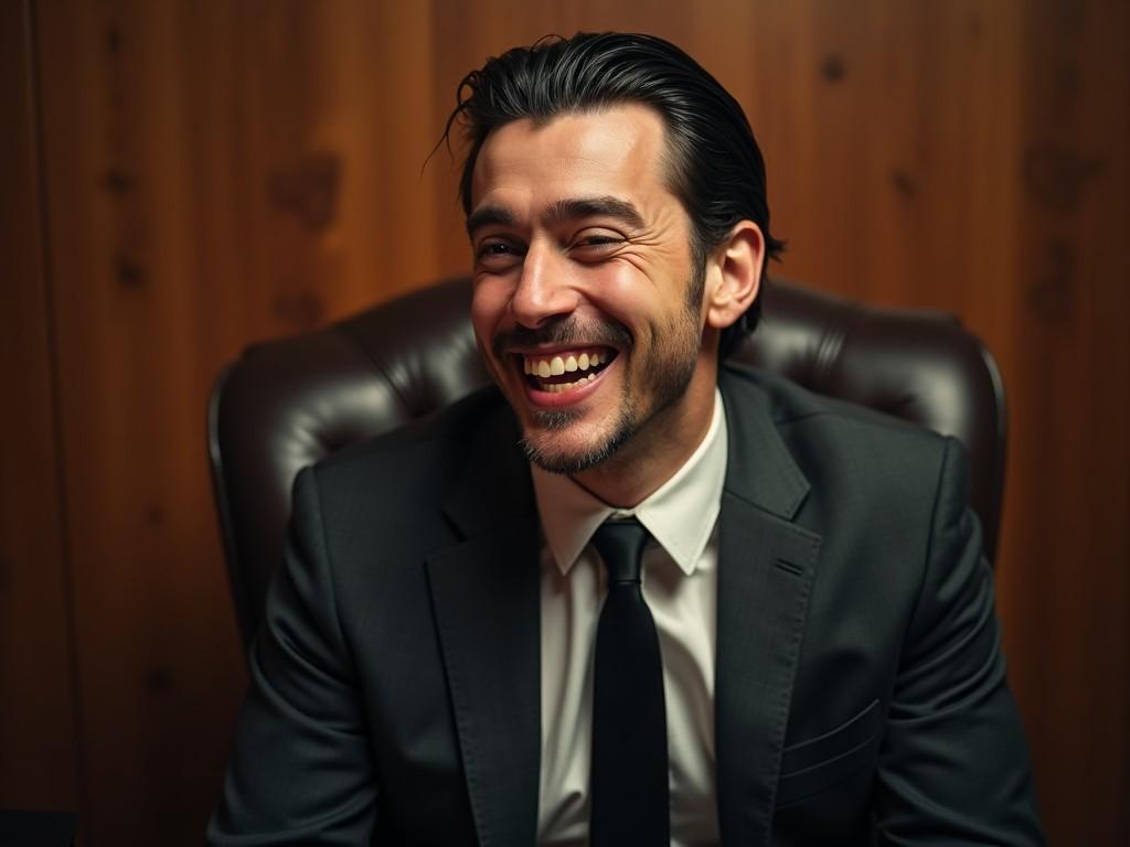 The image shows a man with slicked-back dark hair, wearing a suit and tie, sitting indoors with a wooden background. He is smiling widely, revealing sharp vampire teeth that add a supernatural element to his expression. A subtle glowing aura surrounds him, casting a mystical light. Despite these changes, he maintains a friendly and amused expression, as if laughing at something humorous. The combination of his business attire and vampire features creates an intriguing contrast between the ordinary and the extraordinary.