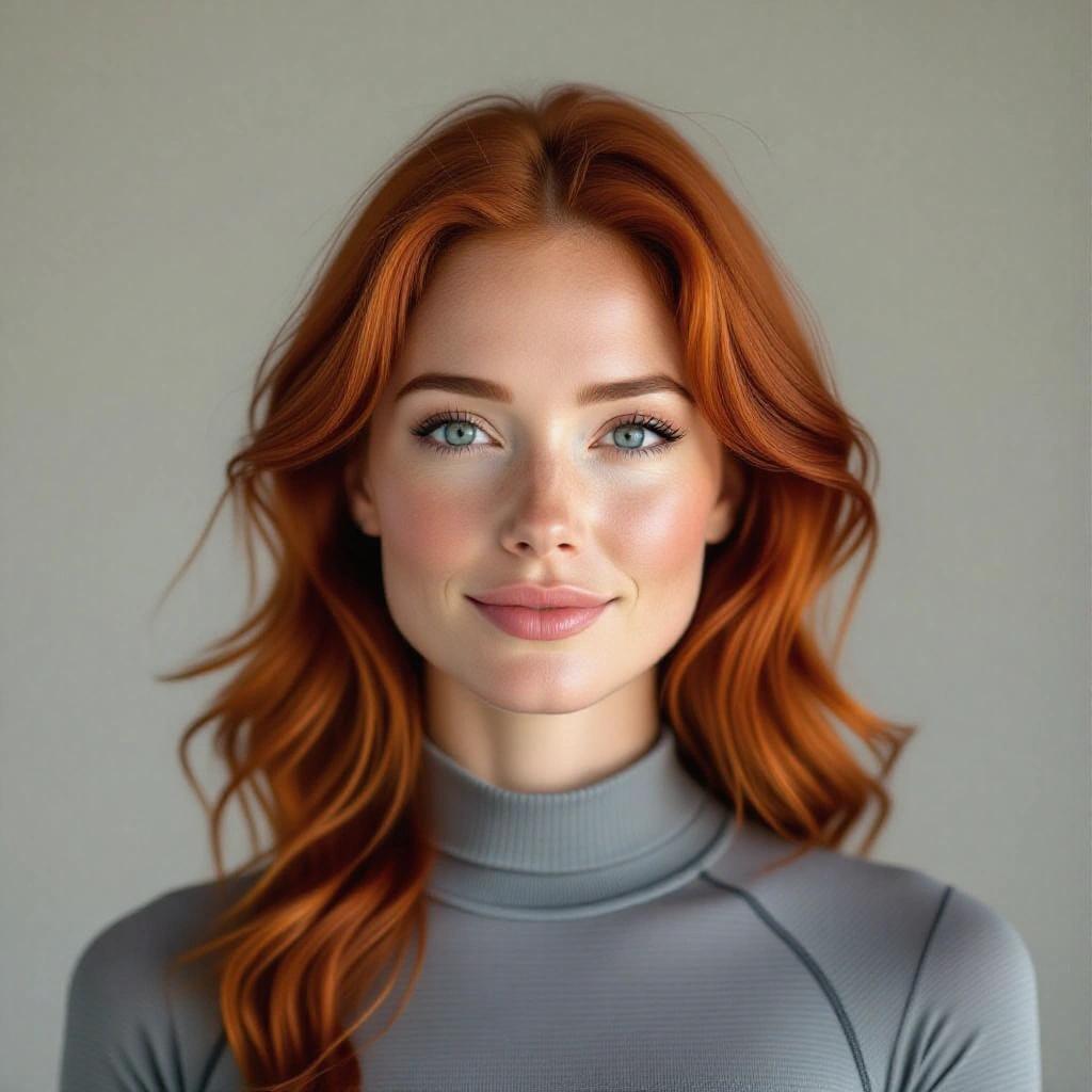 Photorealistic headshot of a woman with red hair and blue eyes. She has photorealistic skin showing visible pores and natural texture. She is wearing a gray form-fitting bodysuit. Image features even studio lighting. The focus is sharp and details are clear.