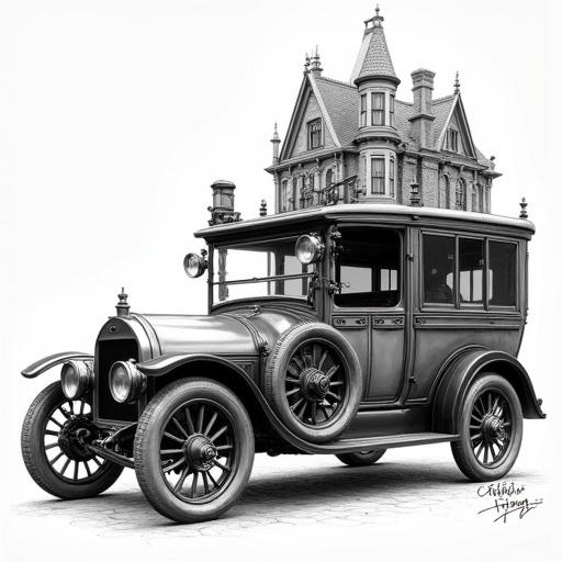 A steampunk version of an old automobile from the 1900-1910 era. The car has a turret or elevated structure at the back possibly resembling a boiler or observation post. It features pipes, gauges, and mechanical details. Large spoked wheels and period headlights are present. A detailed Gothic or Victorian-style house can be seen in the background. The contrast between the inventive vehicle and classic architecture is significant. The drawing is finely detailed with attention to mechanical and architectural elements.