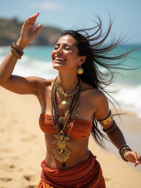 Joyful dance of an Inca woman at a sunny beach with gold jewelry. A woman wearing traditional attire dances happily on the beach. Bright sun and waves in the background. She has long hair flowing in the wind.