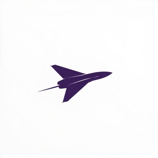 A modern jet airplane logo created in a minimal flat design style. The jet is centered on a white background. The silhouette is deep violet with no text or details. The design features smooth lines for an aerodynamic look.