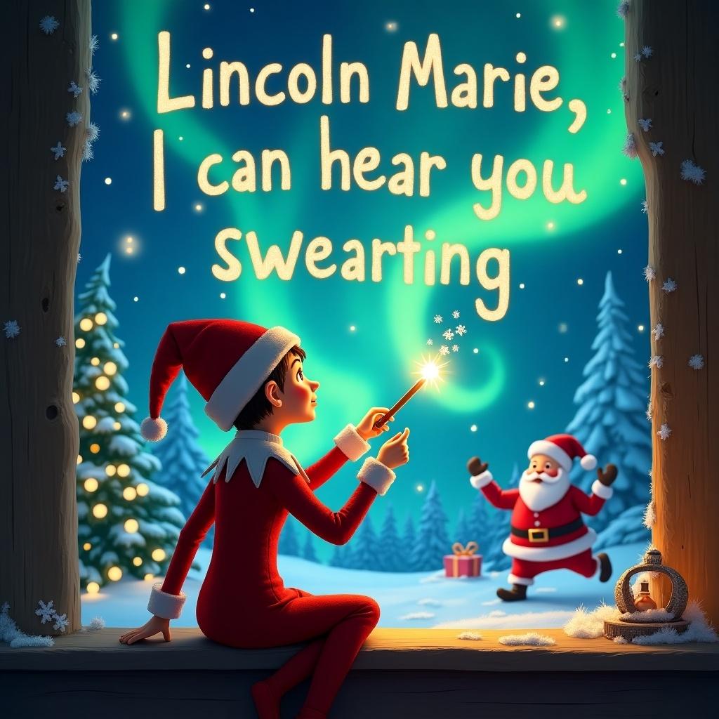 A whimsical Christmas scene featuring an elf dressed in traditional holiday attire. The elf, with their back to the viewer, is facing the sky, using a wand to magically write 'Lincoln Marie, I can hear you swearing' in the air. In the background, there are stunning northern lights illuminating the night sky, adding a magical touch. Nearby, Santa Claus can be seen joyfully preparing presents, creating a festive atmosphere. The setting is a winter wonderland with snow-covered trees, enhancing the holiday spirit.