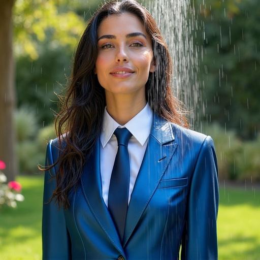 Photograph of a woman in a garden washing her hair under an outdoor shower. She wears a wet shiny blue satin business suit and tie. The suit is soaked with water and she has water-straightened hair. Bright sunlight adds vibrancy.