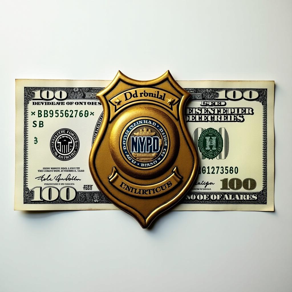 This image showcases a $100 bill with a NYPD detective shield prominently placed in the center. The vibrant green of the bill contrasts with the gold and black of the shield, enhancing visual appeal. The shield symbolizes law enforcement and authority, making it a focal point of the image. The lighting highlights details on both the currency and the badge, creating an engaging and clear visual. This design could represent themes of money, crime prevention, or public safety.