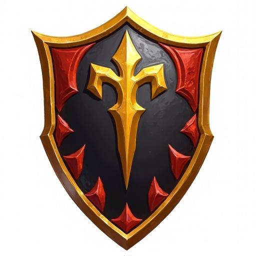 Icon representation of a legendary shield. Featuring gold, black, and red colors. Designed for card games. Inspired by fantasy game aesthetics. Paint style. Transparent background.