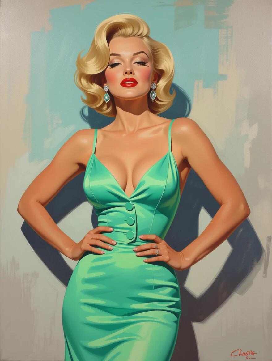 A glamorous model stands in a 2/3 side pose. She wears a form-fitting mint green evening dress with buttons. The abstract style resembles oil on canvas painting. Focus on her feminine curves and dramatic lighting.