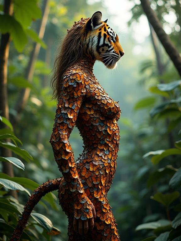 Ultra-realistic photograph of a human figure crafted from colorful butterflies resembling a tiger's anatomy. Woman stands in a lush tropical jungle. Natural sunlight creates shadows and highlights exquisite details. Focus on the woman's body, blurred jungle background