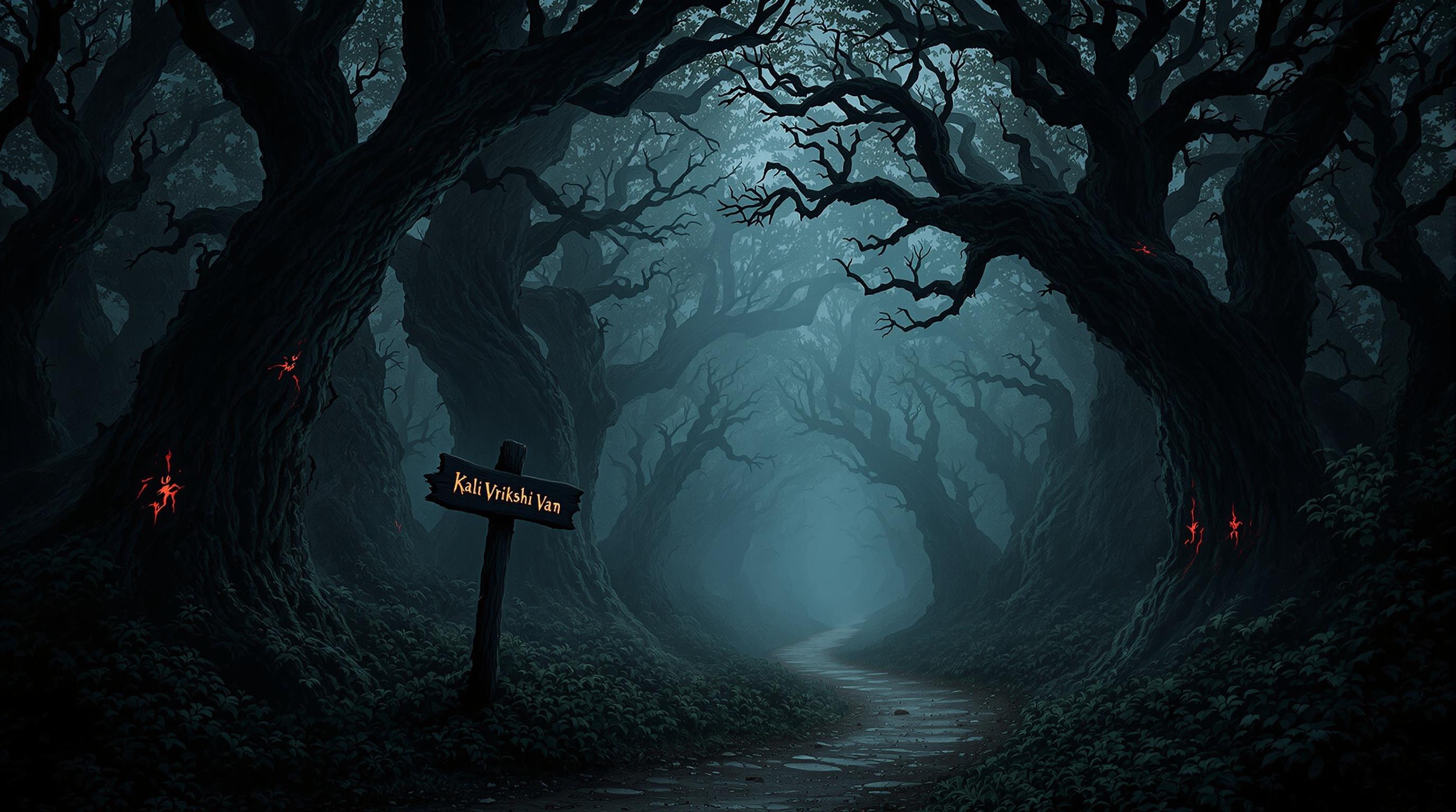 Dark eerie forest named Kali Vrikshi Van with ancient twisted trees and mist. Ground covered in mist with faint red glowing markings on trees. Overgrown path leads into forest with decaying wooden signpost. Shadows and whispers evoke mystery and dread.