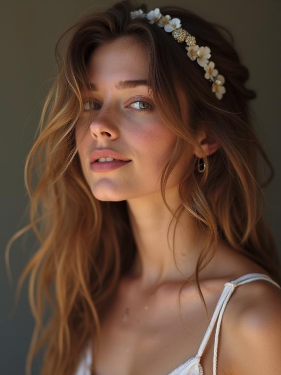 Teen girl poses in a side view. Hair flows with flowers. Soft light highlights beauty. Low resolution and pixelated style used. Bright and unnatural colors emphasize casual fashion. Taken with an older device camera. Photography from early social media posts.
