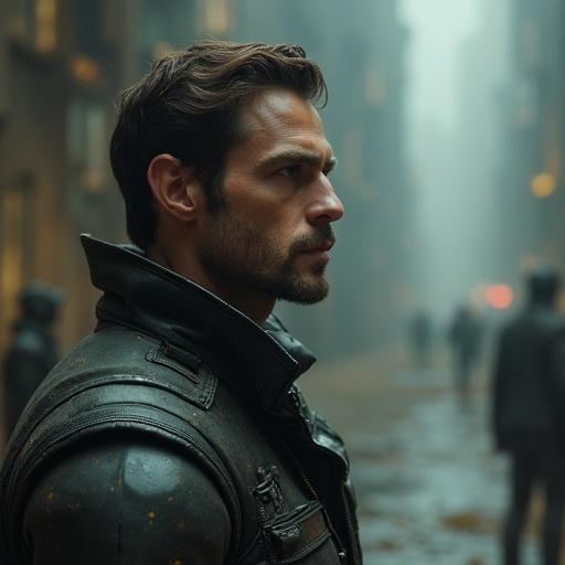 A man in profile. He has a strong build and stands in a textured environment. The scene combines dreamlike and sci-fi elements. The atmosphere is disorienting and fluid with sharp clarity.