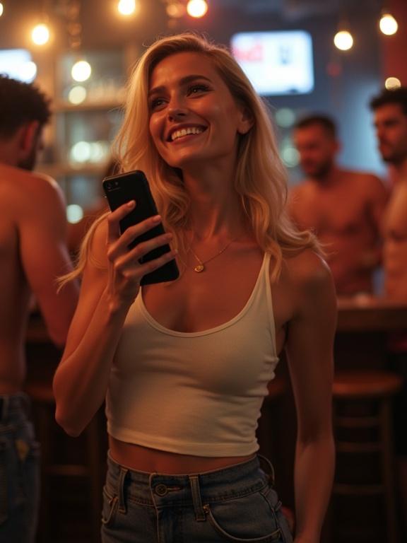 A woman stands at a bar holding a smartphone. She wears a tank top and has a slim waist. Soft lighting enhances the atmosphere. The background features other patrons in a social setting.