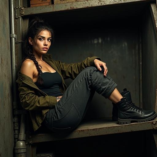 Woman in early 20s with athletic build. Dark hair in messy braids. Worn tactical jacket, dark tank top, weathered cargo pants, military boots, matte knife. Reclines on steel shelf in dim cargo hold. Gaze alert and intense. Moody lighting with shadows and dust.