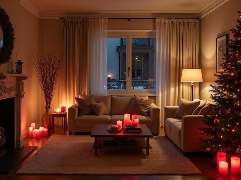 Checkered beige fancy apartment living room at night. Dark room with warm lighting. Romantic atmosphere with red candles. White and beige accents. Single couch and set of candles. Decorated with Christmas tree.
