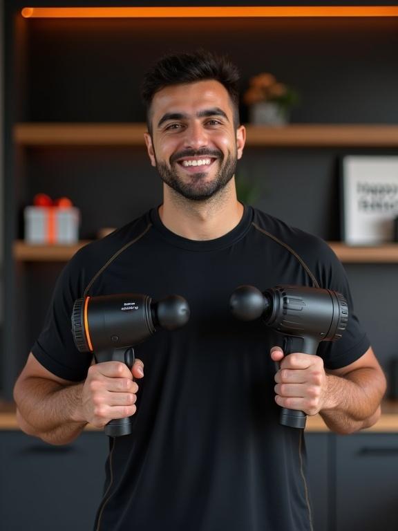 A happy father stands confidently in a black athletic shirt. He holds two massage guns in his hands. The background features a modern home gym with dark walls. Subtle orange LED lighting is visible. A gift wrapped in black and orange is nearby. Natural light illuminates the scene.