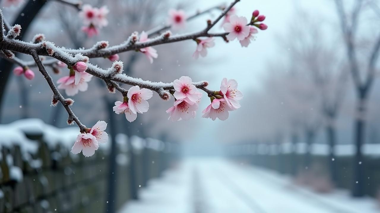 The image captures the delicate beauty of plum blossoms blooming in early winter. Several branches adorned with soft pink buds and white petals sway gently in the cold wind. Tiny frost beads are visible on the petals, enhancing their delicate appearance. In the background, sparse dead branches and stone walls lightly frost-kissed create a tranquil winter atmosphere. The bright colors of the blossoms stand out against the gray and white background, symbolizing vitality. The overall feel of the image is cool and serene, showcasing the unique charm of winter blooms.