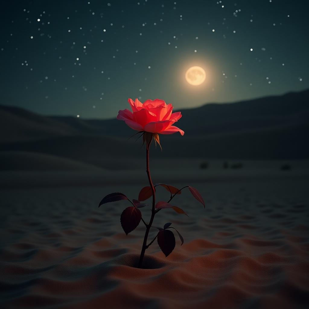 A vibrant pink rose blooms in a desert at night. The moon shines brightly in the sky illuminating the scene. Sand dunes stretch in the background. Stars are visible. A sense of solitude and beauty is captured.