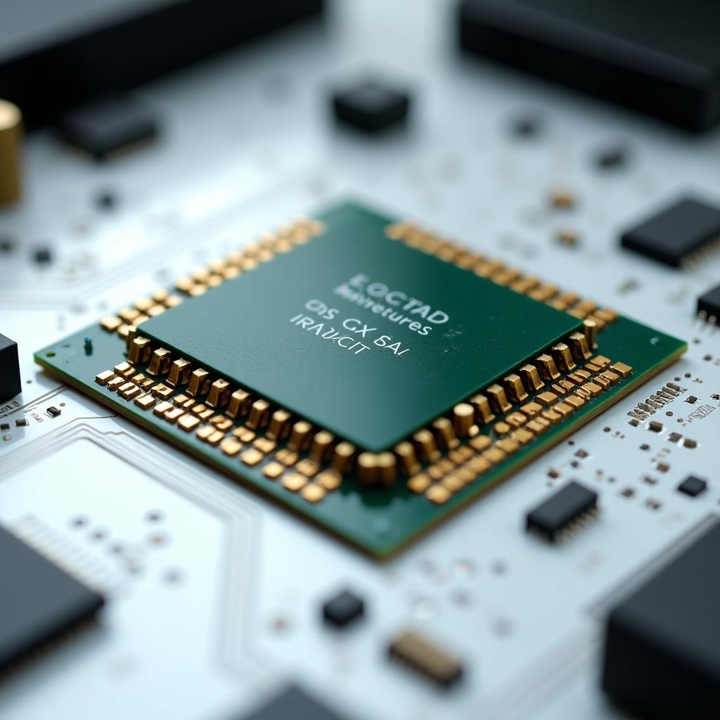 Close-up view of a CPU computer chip on a clean white motherboard. Chip detailed with intricate gold pins connections. Green chip color enhances against white background. Various electronic components visible in background. Demonstrates advanced design of computer hardware.